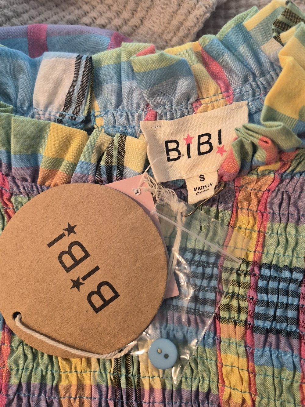 BiBi Pastel Plaid Smocked Ruffle Sleeve Top - Yellow, Blue & Pink - Picture 3 of 5